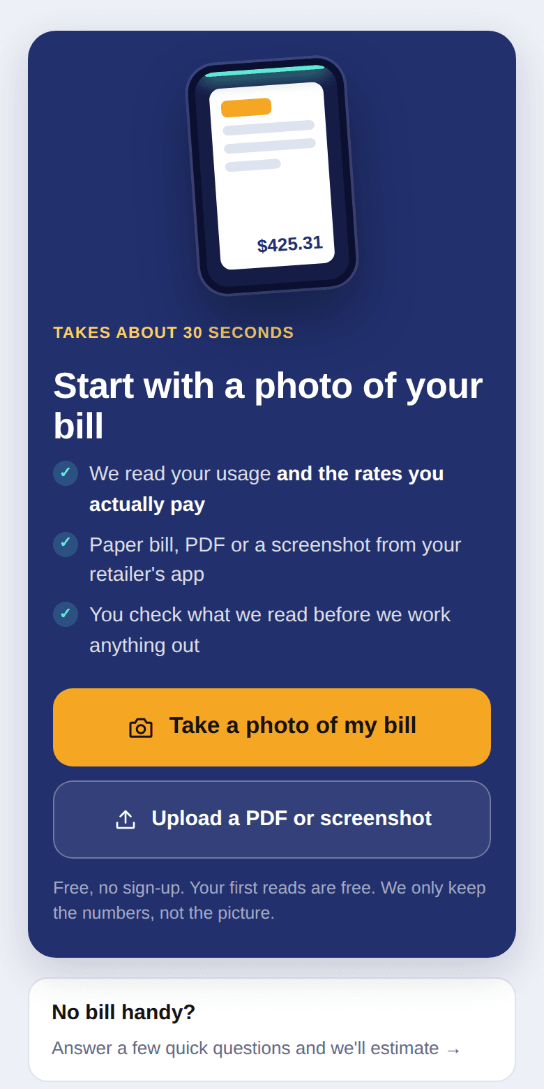 The check opens on a button to take a photo of your bill