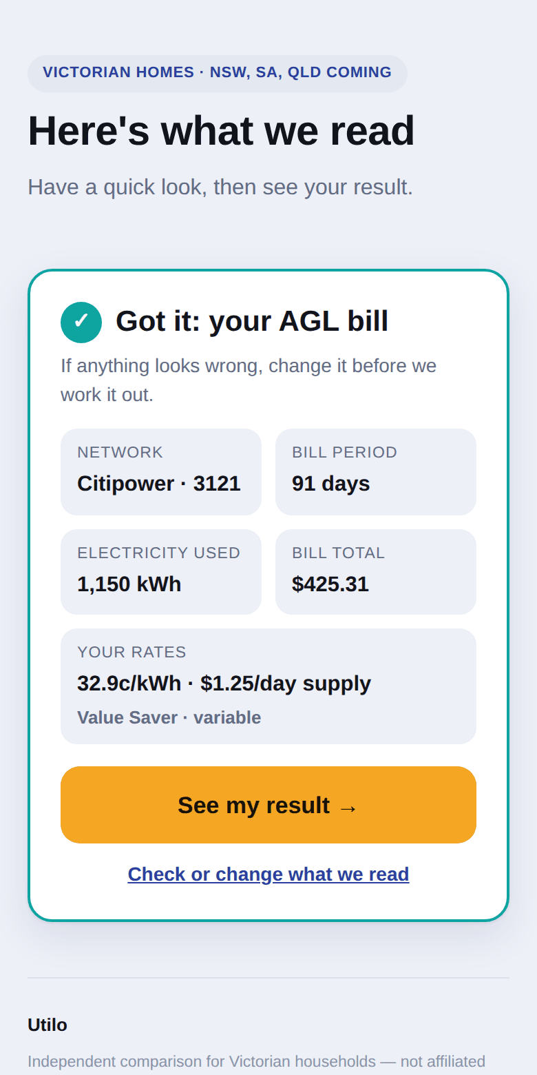 What we read from the bill: network, days, usage, total and rates