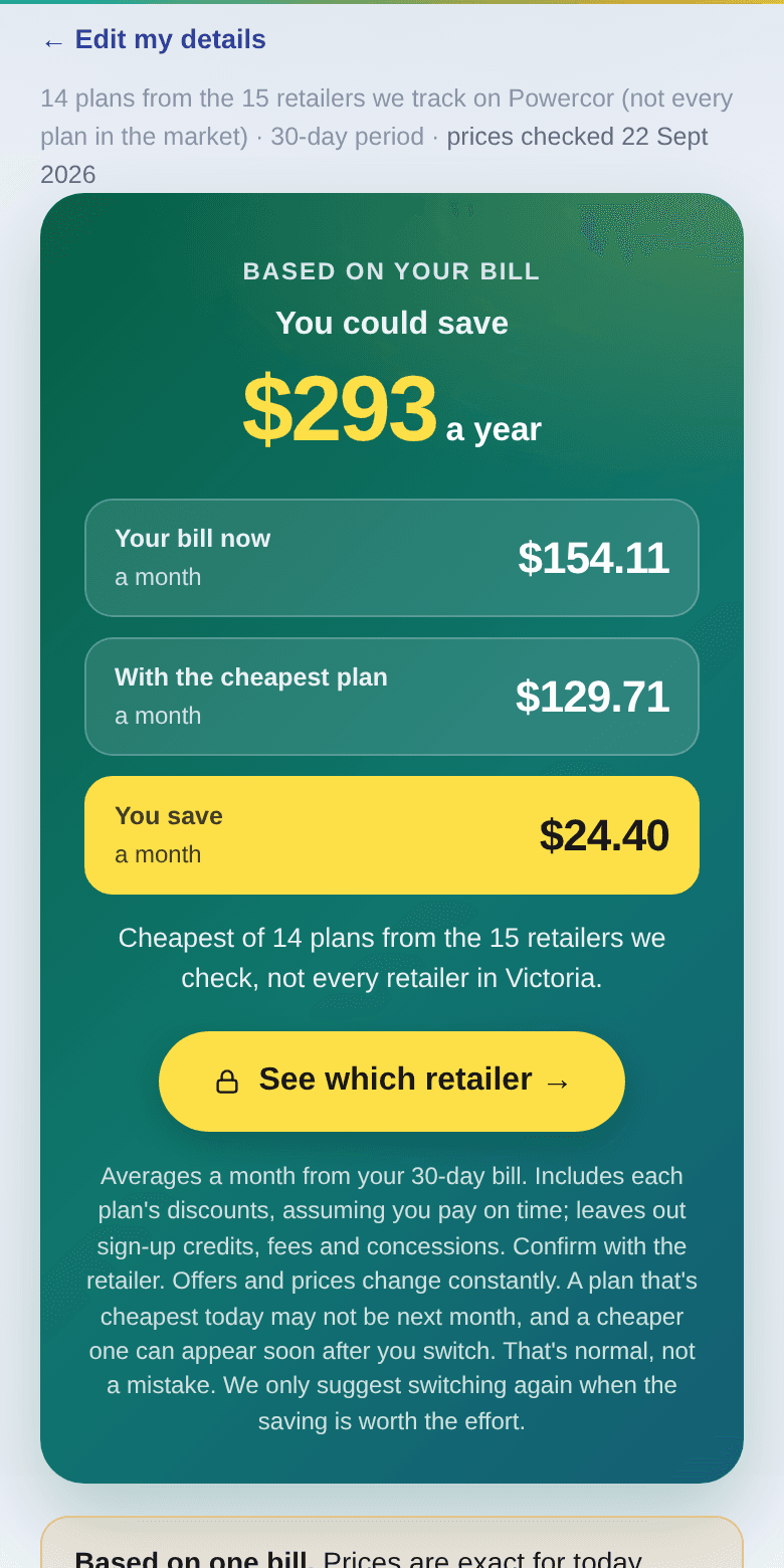 A Utilo result on a phone: you could save about $293 a year on the cheapest plan